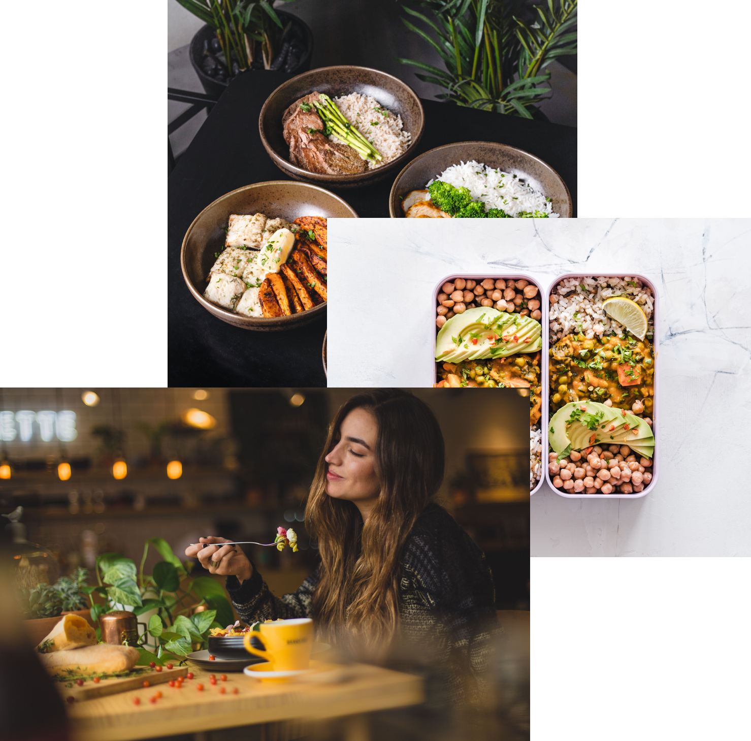 woman-enjoying-food, meals in storage container, and food bowls on a table
